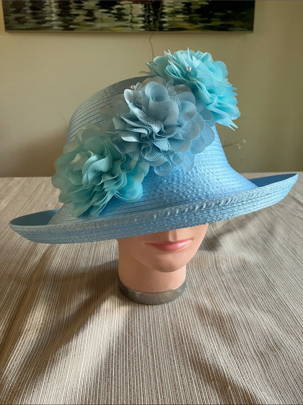Light Blue Floral Wide Brim Satin Ribbon Hat